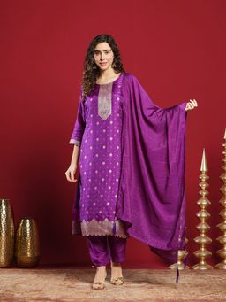 MEENA BAZAAR - Woven Purple Cotton Kurta & Pants With Dupatta