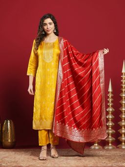 MEENA BAZAAR - Woven Mustard Cotton Kurta & Pants With Dupatta
