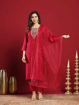 MEENA BAZAAR - Embroidered Pink Cotton Kurta & Pants With Dupatta