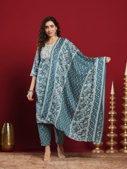 MEENA BAZAAR - Printed Aqua Cotton Kurta & Pants With Dupatta
