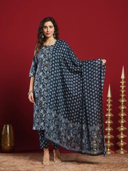 MEENA BAZAAR - Printed Blue Cotton Kurta & Pants With Dupatta