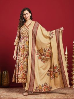 MEENA BAZAAR - Printed Beige Cotton Kurta & Pants With Dupatta