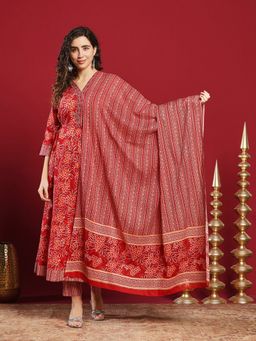 MEENA BAZAAR - Printed Red Cotton Kurta & Pants With Dupatta