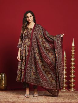 MEENA BAZAAR - Printed Wine Cotton Kurta & Pants With Dupatta