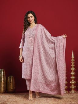 MEENA BAZAAR - Printed Pink Cotton Kurta & Pants With Dupatta