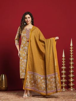 MEENA BAZAAR - Printed Mustard Cotton Kurta & Pants With Dupatta