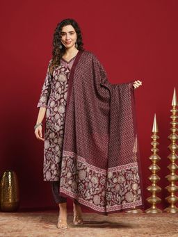 MEENA BAZAAR - Printed Wine Cotton Kurta & Pants With Dupatta