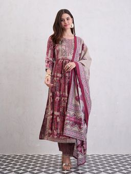 CHETI - Women High Slit Chanderi Silk Kurta & Pants With Dupatta Maroon
