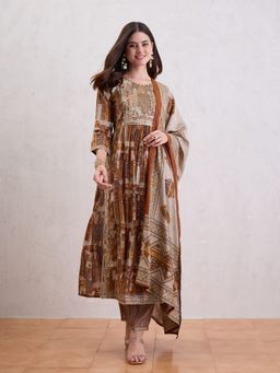 CHETI - Women High Slit Chanderi Silk Kurta & Pants With Dupatta Brown