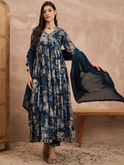 CHETI - Women Cotton Voile Kurta & Pants With Dupatta Blue