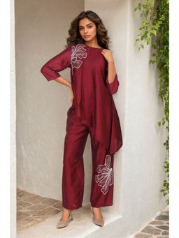 FREYAA - Maroon Petal Asymmetrical Satin Co-Ord Set