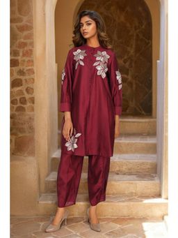 FREYAA - Wine Co-Ord Set With Delicate Floral Embroidered