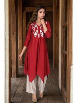 FREYAA - Maroon Satin Co-Ord Set With Neckline Detailing