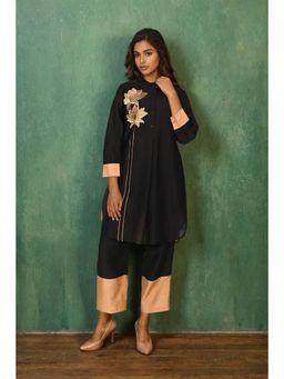 FREYAA - Black Satin Co-Ord Set With Elegant Floral Design