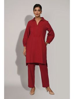 FREYAA - Red Collared Co-Ord Set With Handwork Detail