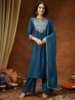 Janasya - Womens Teal Blue Chanderi Silk Zari Embroidered A-Line Kurta & Pants With Dupatta