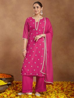 Janasya - Womens Pink Georgette Straight Kurta & Pants With Dupatta
