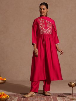 Janasya - Womens Pink Silk Blend Yoke Embroidered A-Line Kurta & Pants With Dupatta