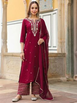 Janasya - Womens Maroon Chanderi Silk Zari Embroidered Straight Kurta With Pants And Dupatta