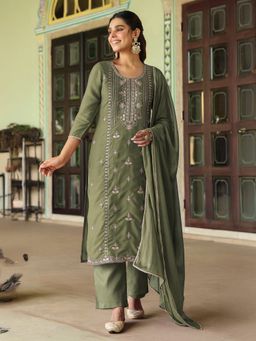 Janasya - Womens Sage Green Silk Blend Zari Embroidered Straight Kurta & Pants With Dupatta