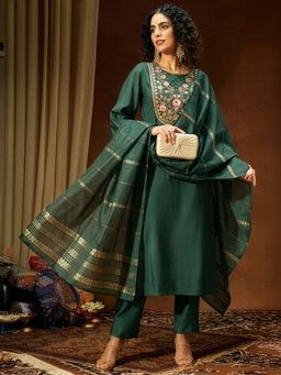 Janasya - Womens Bottle Green Chanderi Silk Yoke Embroidery Straight Kurta & Pants With Dupatta