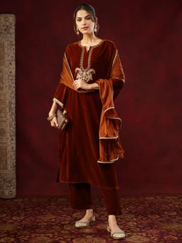 Janasya - Womens Brown Velvet Zari Yoke Embroidered Straight Kurta & Pants With Dupatta