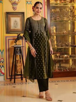 Janasya - Womens Olive Green Velvet Gold Foil Printed Straight Kurta & Pants With Dupatta