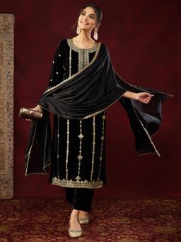 Janasya - Womens Black Velvet Gold Foil Printed Straight Kurta & Pants With Dupatta