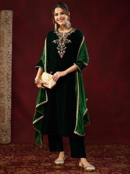 Janasya - Womens Bottle Green Velvet Yoke Embroidered Straight Kurta & Pants With Dupatta