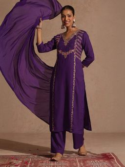 Janasya - Womens Purple Silk Blend Embroidered Straight Kurta & Pants With Dupatta