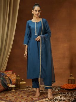 Janasya - Womens Teal Blue Chanderi Silk Yoke Design Straight Kurta & Pants With Dupatta