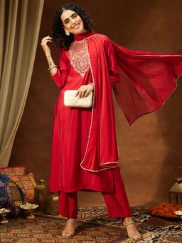 Janasya - Womens Red Chanderi Silk Zari Yoke Embroidered Straight Kurta & Pants With Dupatta