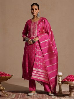 Janasya - Womens Pink Silk Blend Foil Printed Straight Kurta & Pants With Dupatta