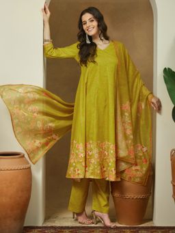 Janasya - Womens Green Cotton Blend Floral Printed Kurta & Pants With Dupatta