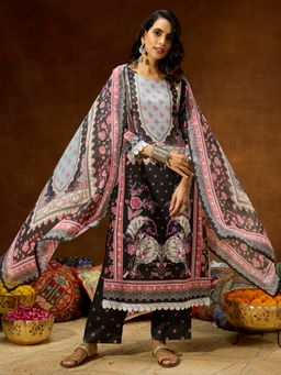 Janasya - Womens Black Cotton Blend Floral Printed Straight Kurta & Pants With Dupatta