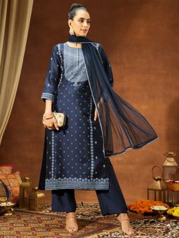 Janasya - Womens Navy Blue Silk Blend Ethnic Printed Straight Kurta & Pants With Dupatta