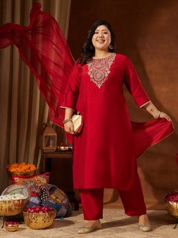 Janasya - Womens Plus Size Maroon Chanderi Silk Yoke Straight Kurta & Pants With Dupatta