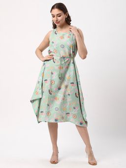 R&B - Green Floral A-Line Dress with Belt