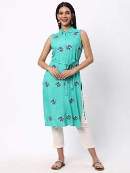 R&B - Turquoise Embroidery Regular Kurta with Belt