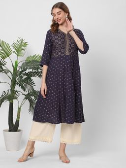 R&B - Navy Blue Printed A-Line Kurta