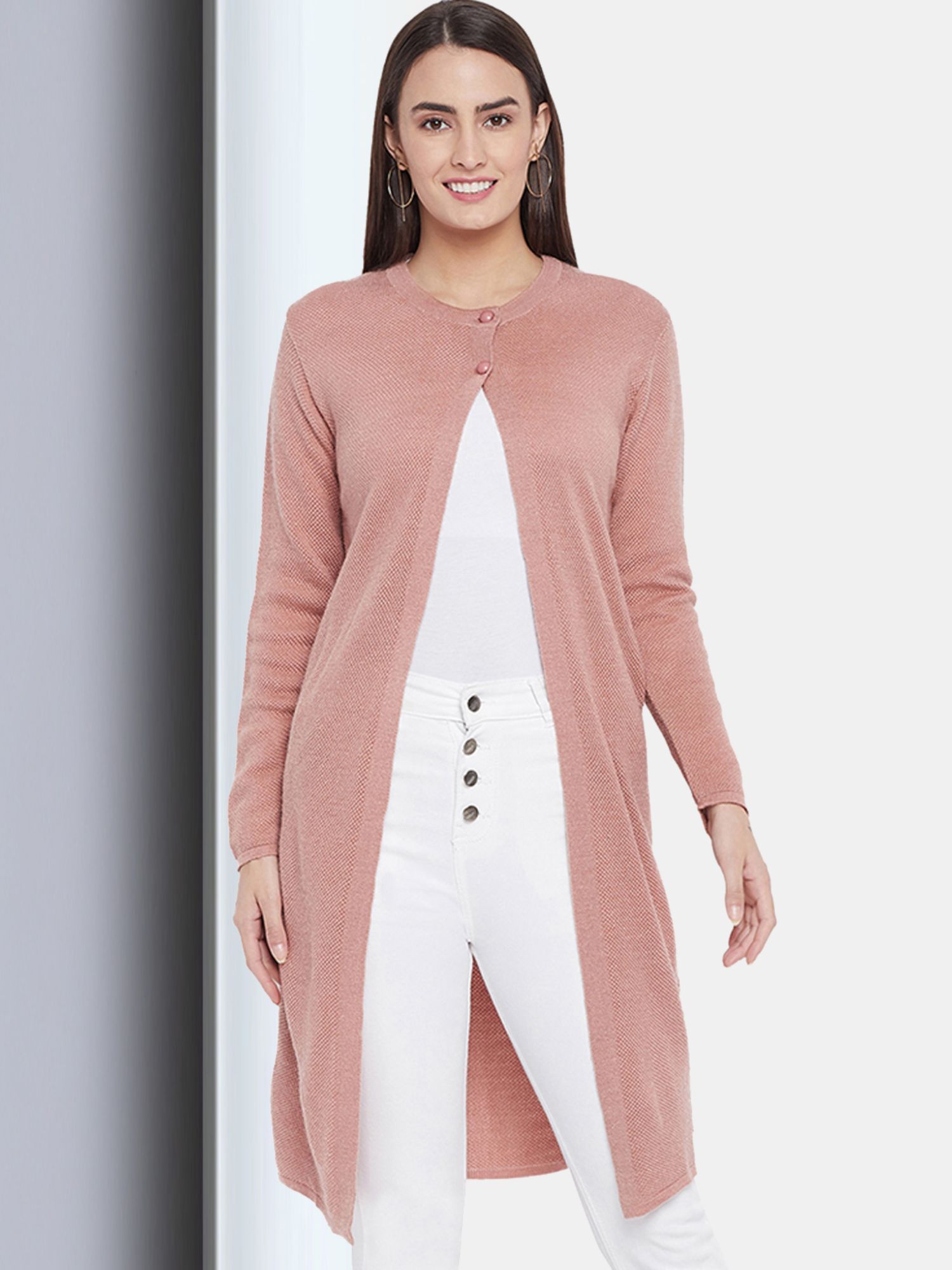 Womens Wool Blend Peach Full Sleeve Solid Self Design Round Neck Cardigan