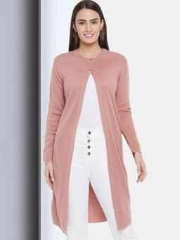 CLAPTON - Womens Wool Blend Peach Full Sleeve Solid Self Design Round Neck Cardigan