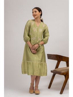 Mushio - Women`s Anna Chanderi Embroidered Green Slip And Midi Dress (Set of 2)