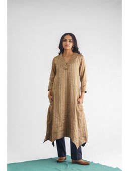 Mushio - Women`s Nithya Chanderi Stripes Multi-Color Kurta With Slip (Set of 2)