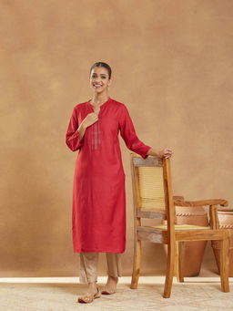 Fabindia - Red Viscose Silk Long Kurta