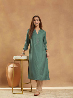Fabindia - Green Viscose Silk Long Kurta
