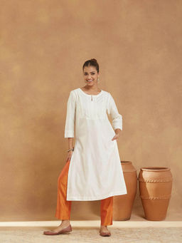 Fabindia - White Cotton Silk Embroidered Long Kurta