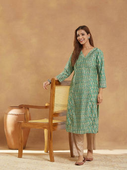 Fabindia - Green Cotton Silk Hand Block Printed Long Kurta