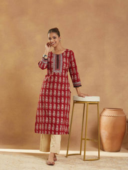 Fabindia - Maroon Cotton Bagh Printed Long Kurta
