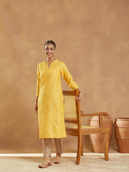 Fabindia - Yellow Cotton Silk Long Kurta
